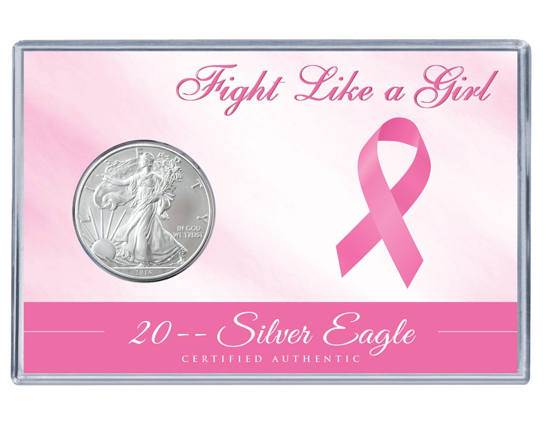 Breast Cancer Awareness Silver Eagle Acrylic Display 1 Silver coin with pink ribbon design