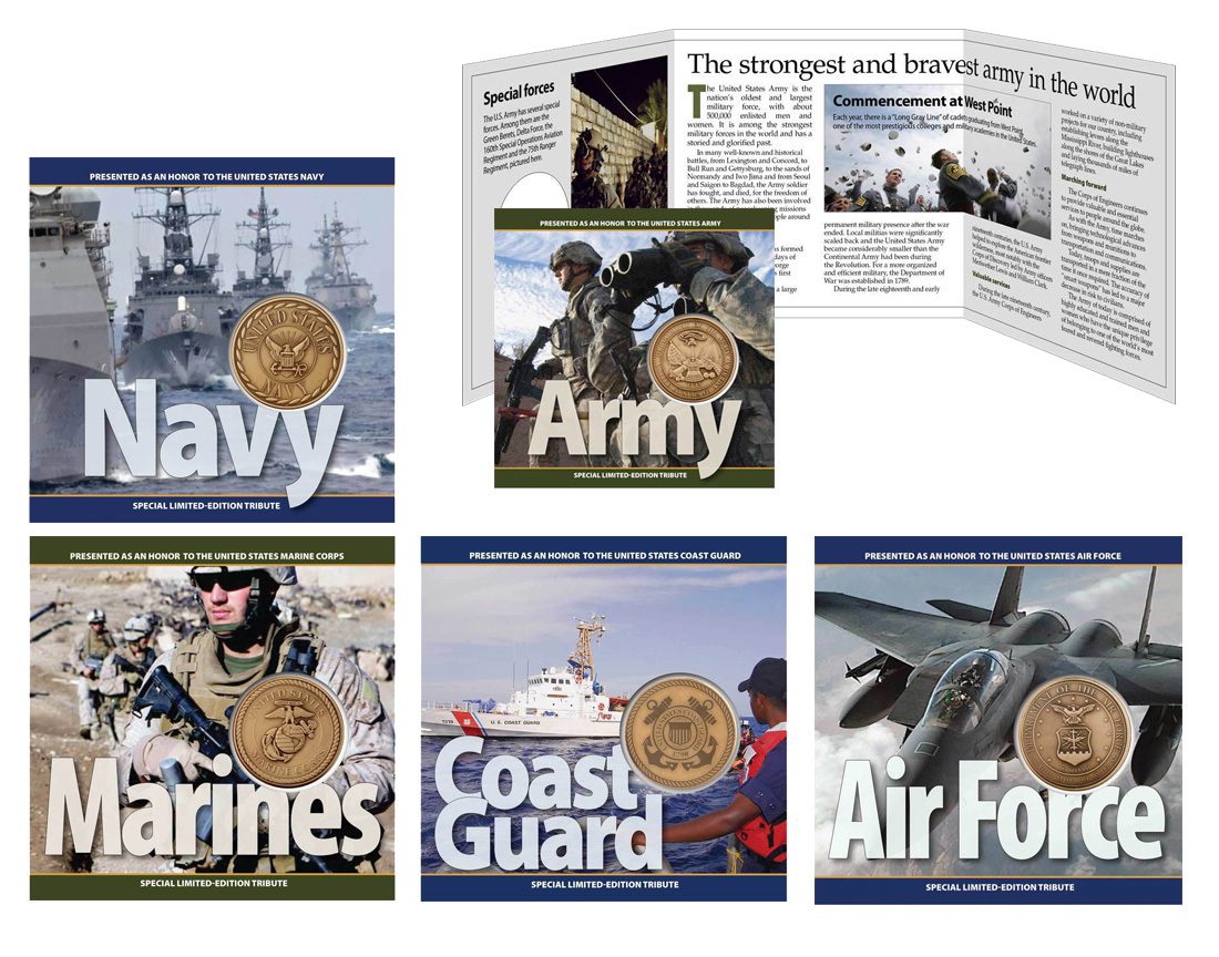 Military Tribute 5 Pack Challenge Coin Collection 1 Military Tributes are unique products to honor America's Bravest. Each coin represents the celebration of the men and women who protect our freedom and safety. This tribute coin collection, comprised with brilliant pictures, holds a 39 mm bronze challenge coin affixed to a sturdy tri-fold card describing the history and contributions that the Marines have made.
Challenge Coins have a deep-rooted history. Everything from associating with comrades of particular military campaigns, to law enforcement pride, to individual accomplishments. The idea of carrying your challenge coin is a way of carrying your identity. If a fellow carrier of a challenge coin should “challenge” you, it is with pride and confidence that you present your coin as proof of commitment.