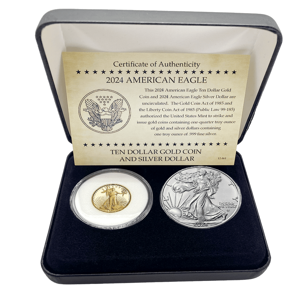 2025 American Eagle 2 Coin Set 1 2024 Silver Eagle Plus 10$ Gold Coin