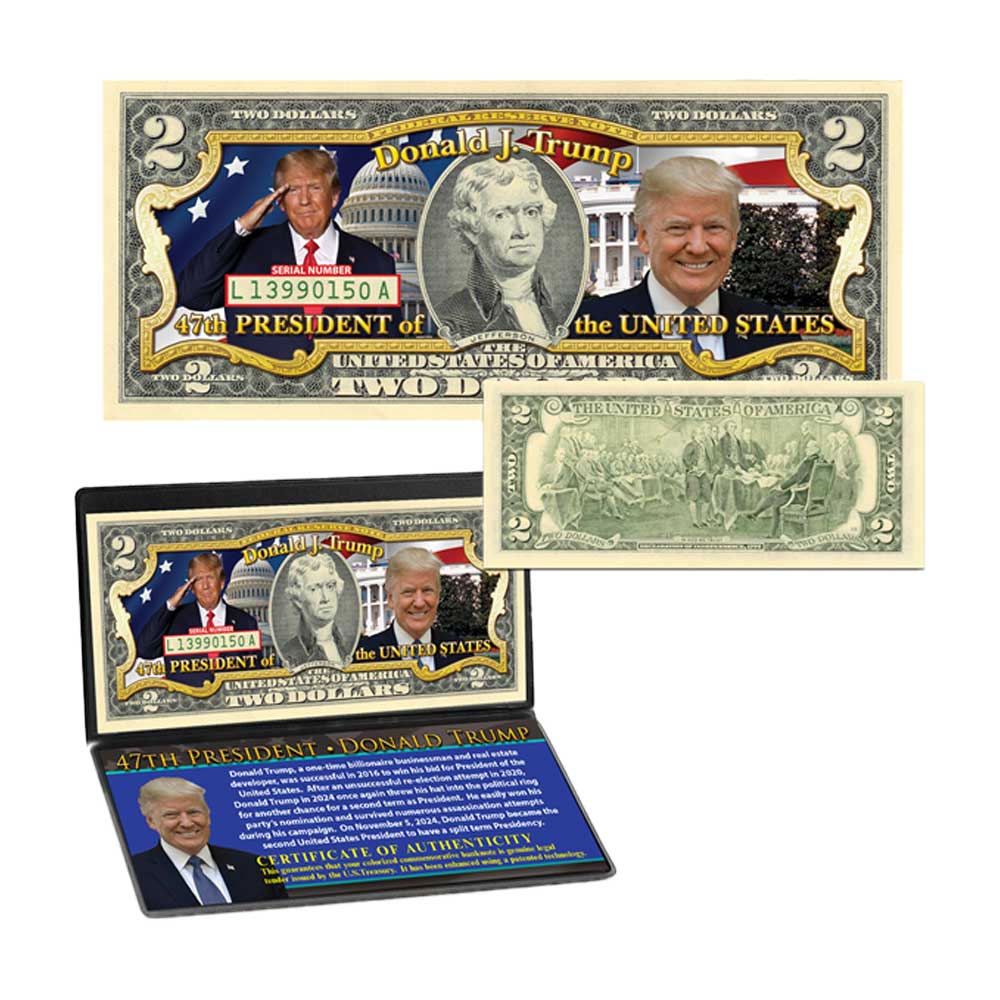 Donald Trump 47th President: Trump Colorized 2 Dollar Bill 1 Novelty two-dollar bill featuring Trump